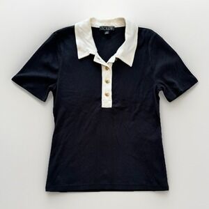 J.Crew Women's Vintage Ribbed Polo Black & Cream Medium Old Money Classic Preppy